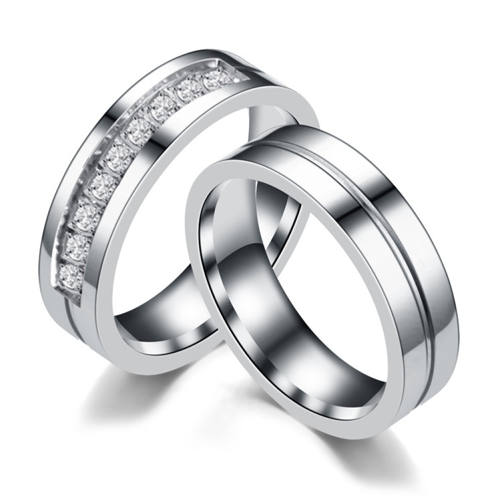 Simple Stainless Steel Lover Rings Crystal Diamond Couple Rings(AAA Diamond)