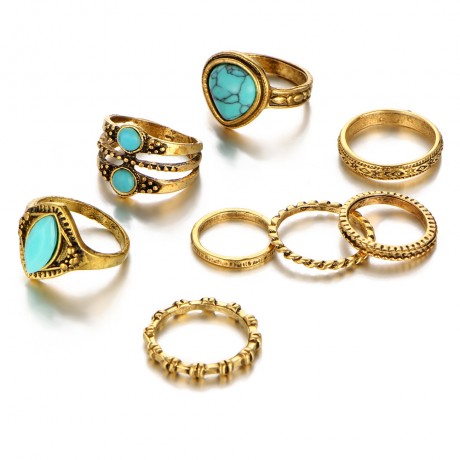 Vintage Retro Turquoise Ring Set Stackable Gems Knuckle Ring Set For Women And Men