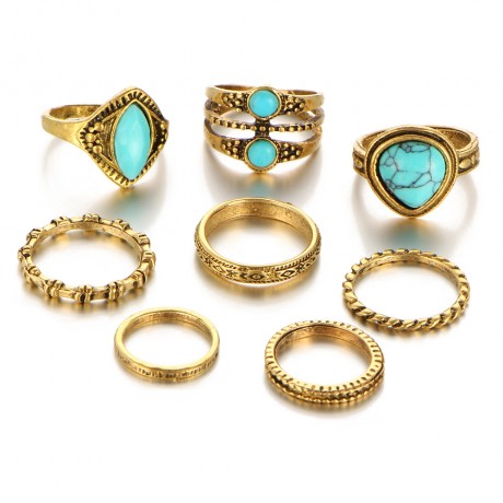 Vintage Retro Turquoise Ring Set Stackable Gems Knuckle Ring Set For Women And Men