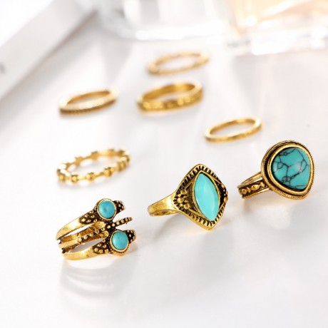 Vintage Retro Turquoise Ring Set Stackable Gems Knuckle Ring Set For Women And Men