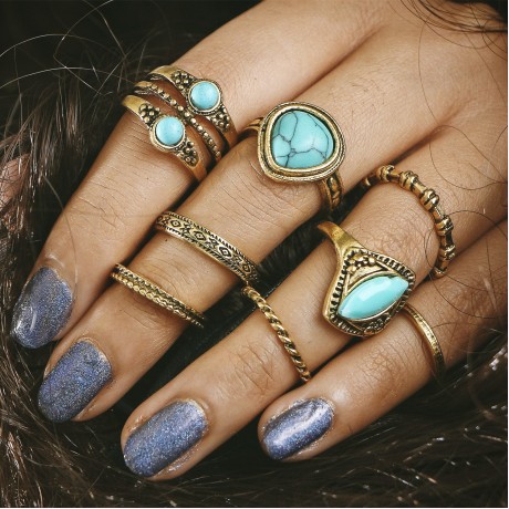 Vintage Retro Turquoise Ring Set Stackable Gems Knuckle Ring Set For Women And Men