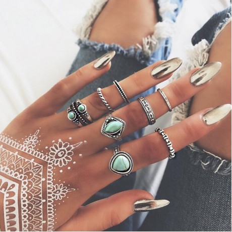 Vintage Retro Turquoise Ring Set Stackable Gems Knuckle Ring Set For Women And Men