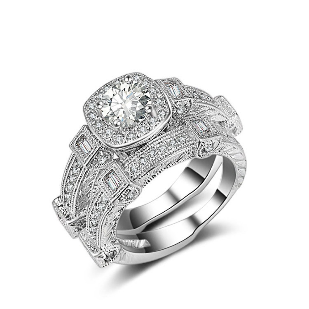 Sterling Silver White Gold Plated Ring Set Round Zirconia Center Design Ring Set For Women Or Girls (6-9)