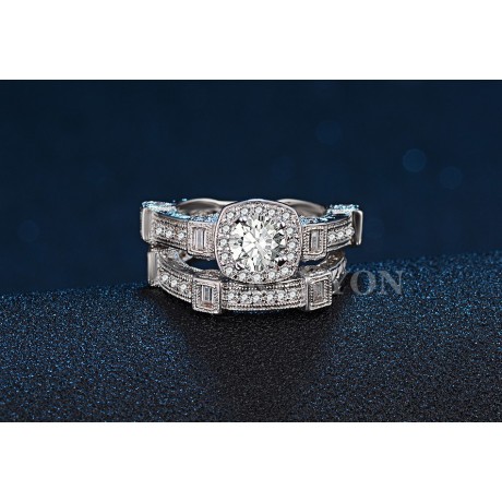 Sterling Silver White Gold Plated Ring Set Round Zirconia Center Design Ring Set For Women Or Girls (6-9)