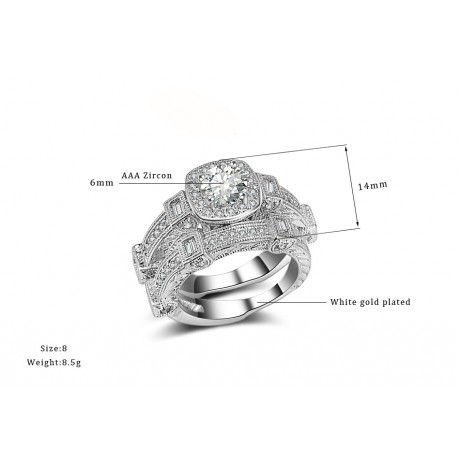 Sterling Silver White Gold Plated Ring Set Round Zirconia Center Design Ring Set For Women Or Girls (6-9)