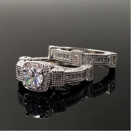 Sterling Silver White Gold Plated Ring Set Round Zirconia Center Design Ring Set For Women Or Girls (6-9)