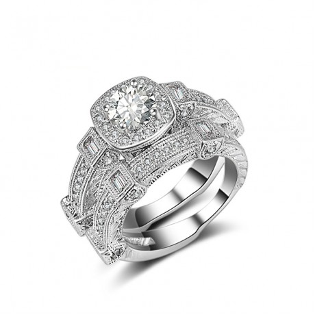 Sterling Silver White Gold Plated Ring Set Round Zirconia Center Design Ring Set For Women Or Girls (6-9)