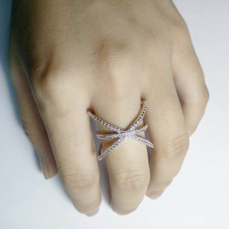 Fashion Cross X Shaped Mid Finger Rings Platinum-Plated Pave Rings For Girls(6-8)