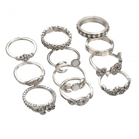  Ring Set Vintage Ethnic Multi Carving Flower Stackable Rings for Women Jewerly