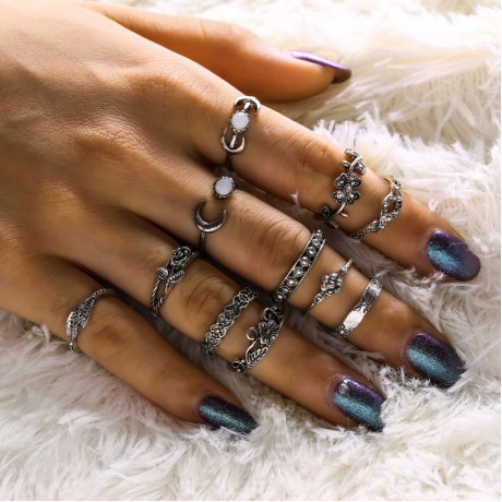  Ring Set Vintage Ethnic Multi Carving Flower Stackable Rings for Women Jewerly