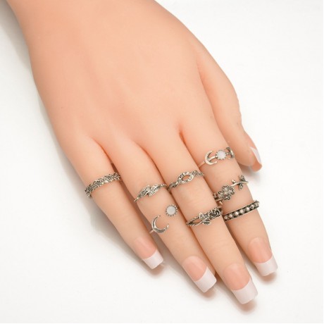  Ring Set Vintage Ethnic Multi Carving Flower Stackable Rings for Women Jewerly