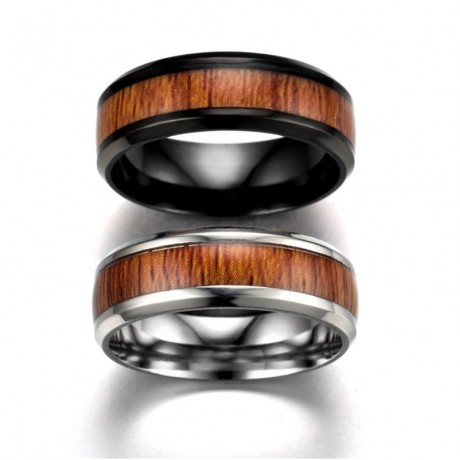 Retro Stainless Steel Band Engagement Ring with Real Wood For Women Or Men(6-13)
