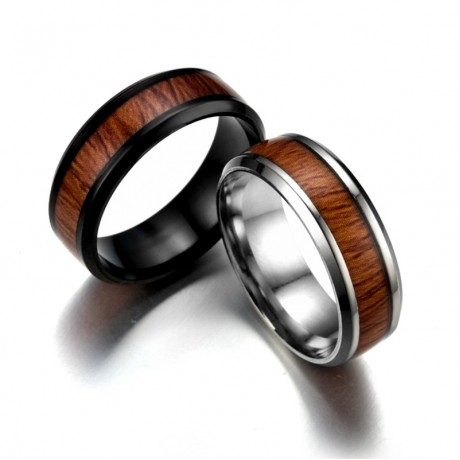 Retro Stainless Steel Band Engagement Ring with Real Wood For Women Or Men(6-13)