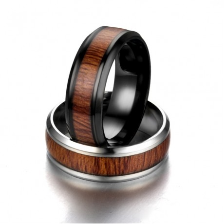 Retro Stainless Steel Band Engagement Ring with Real Wood For Women Or Men(6-13)