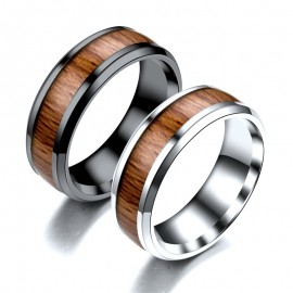 Retro Stainless Steel Band Engagement Ring with Real Wood For Women Or Men(6-13)
