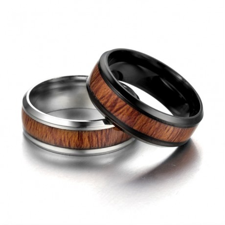Retro Stainless Steel Band Engagement Ring with Real Wood For Women Or Men(6-13)
