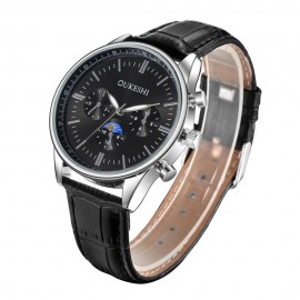 Mens Casual Business Big Face Quartz Watch Black PU Leather Band with 3 Small Fake Dial 