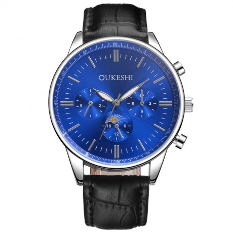 Mens Casual Business Big Face Quartz Watch Black PU Leather Band with 3 Small Fake Dial