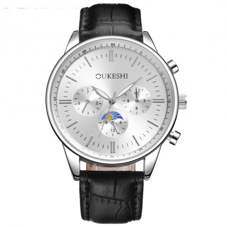 Mens Casual Business Big Face Quartz Watch Black PU Leather Band with 3 Small Fake Dial