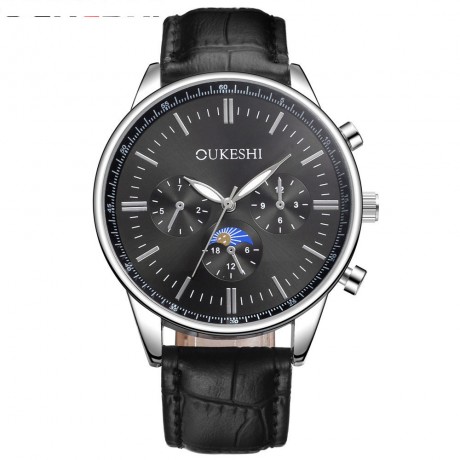 Mens Casual Business Big Face Quartz Watch Black PU Leather Band with 3 Small Fake Dial