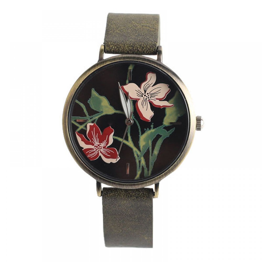 Fashion Casual Watch 3D Flower Pattern PU Leather Strap Watch for Women Ladies Students