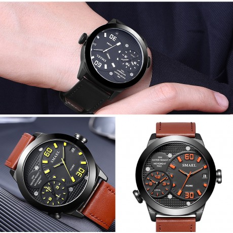 Men's Watches Multifunctional Waterproof Quartz Calendar Wristwatch Sport Watches with Leather
