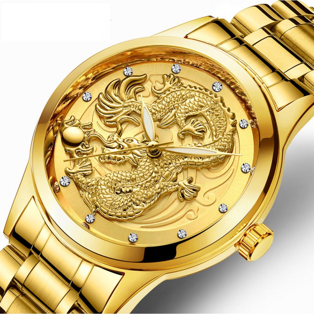 Waterproof Luminous Quartz Watch Gold Ultra-thin Steel Belt Dragon Watch For Men And Women