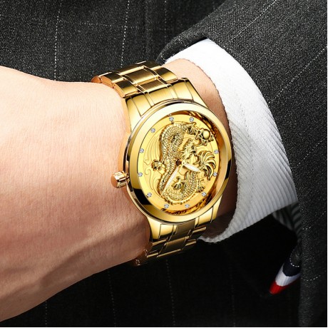 Waterproof Luminous Quartz Watch Gold Ultra-thin Steel Belt Dragon Watch For Men And Women