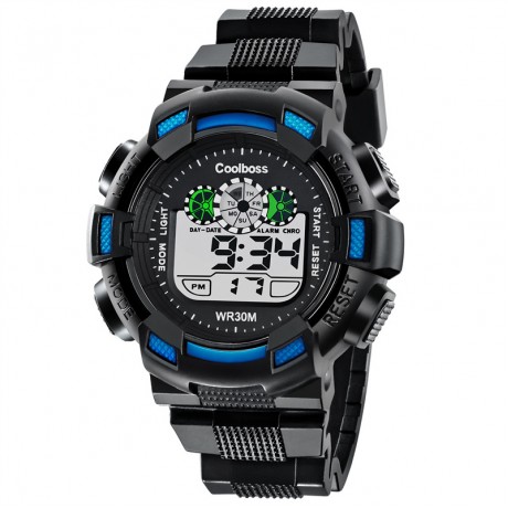 Classic Dual Time Display Rubber Strap Digital Sport Watch with Black Band