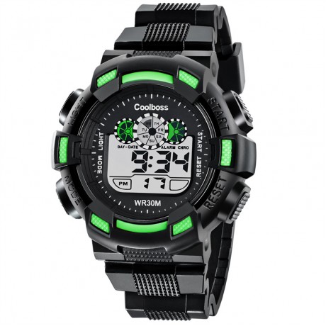 Classic Dual Time Display Rubber Strap Digital Sport Watch with Black Band