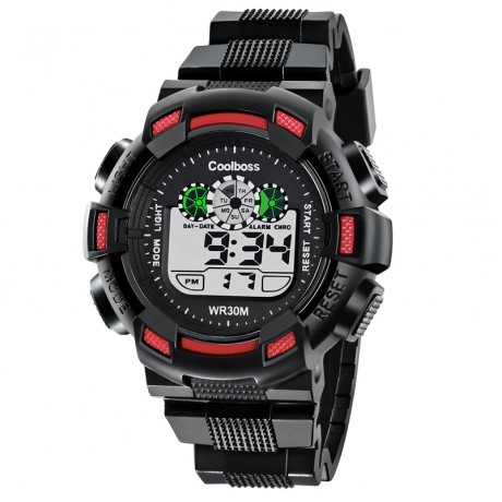 Classic Dual Time Display Rubber Strap Digital Sport Watch with Black Band