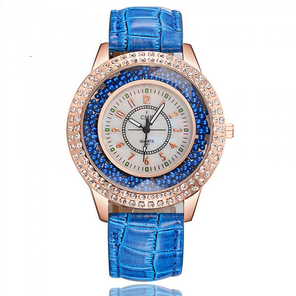 Fashion Women Watch Rhinestones Flow Sand Watches with Leather Strap
