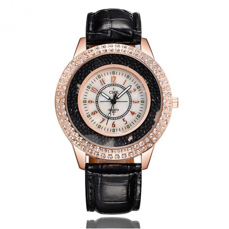 Fashion Women Watch Rhinestones Flow Sand Watches with Leather Strap