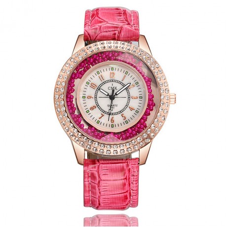 Fashion Women Watch Rhinestones Flow Sand Watches with Leather Strap