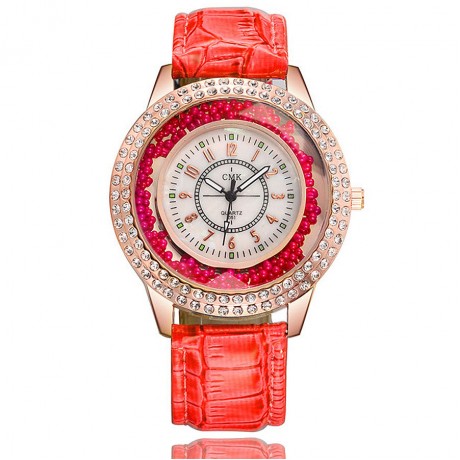 Fashion Women Watch Rhinestones Flow Sand Watches with Leather Strap