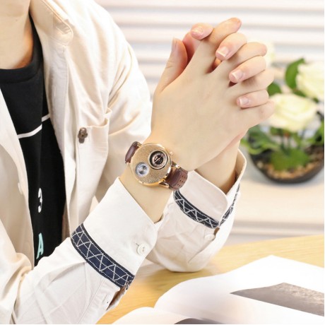 Mens Big Face Watches Business Dress Wristwatch Double Dial Watches with Leather Band