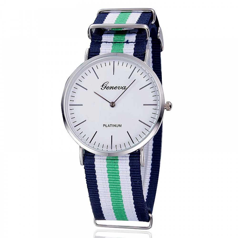 Men's Nylon Strap Watch Unique Analog Quartz Casual Big Face Dress Wrist Watch with Blue White Red Striped Canvas Band