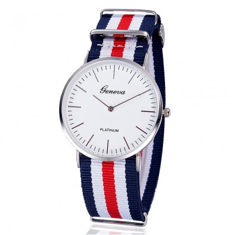 Men's Nylon Strap Watch Unique Analog Quartz Casual Big Face Dress Wrist Watch with Blue White Red Striped Canvas Band