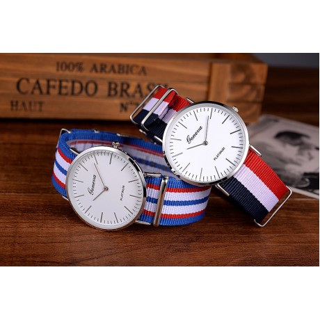 Men's Nylon Strap Watch Unique Analog Quartz Casual Big Face Dress Wrist Watch with Blue White Red Striped Canvas Band