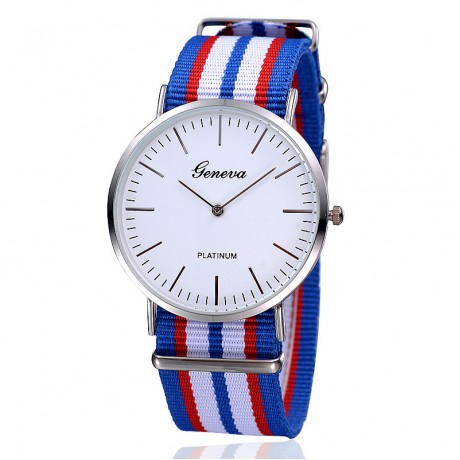 Men's Nylon Strap Watch Unique Analog Quartz Casual Big Face Dress Wrist Watch with Blue White Red Striped Canvas Band