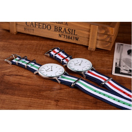 Men's Nylon Strap Watch Unique Analog Quartz Casual Big Face Dress Wrist Watch with Blue White Red Striped Canvas Band