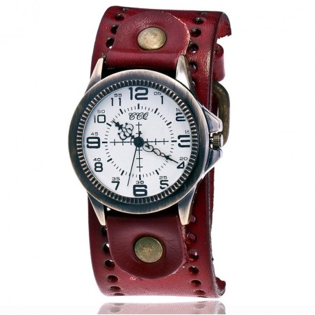 Vintage Mens Watch Bronze White Face Dial Quartz Movement Watch with Genuine Leather
