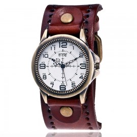 Vintage Mens Watch Bronze White Face Dial Quartz Movement Watch with Genuine Leather 
