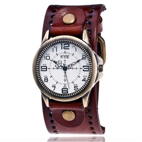 Vintage Mens Watch Bronze White Face Dial Quartz Movement Watch with Genuine Leather