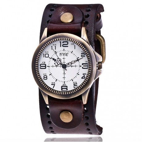 Vintage Mens Watch Bronze White Face Dial Quartz Movement Watch with Genuine Leather