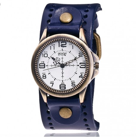 Vintage Mens Watch Bronze White Face Dial Quartz Movement Watch with Genuine Leather