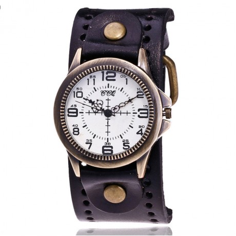 Vintage Mens Watch Bronze White Face Dial Quartz Movement Watch with Genuine Leather