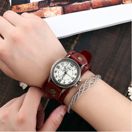 Vintage Mens Watch Bronze White Face Dial Quartz Movement Watch with Genuine Leather