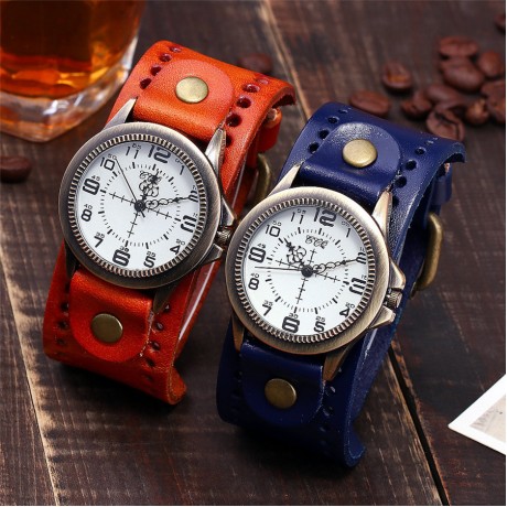 Vintage Mens Watch Bronze White Face Dial Quartz Movement Watch with Genuine Leather