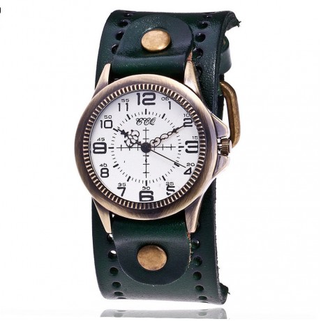 Vintage Mens Watch Bronze White Face Dial Quartz Movement Watch with Genuine Leather